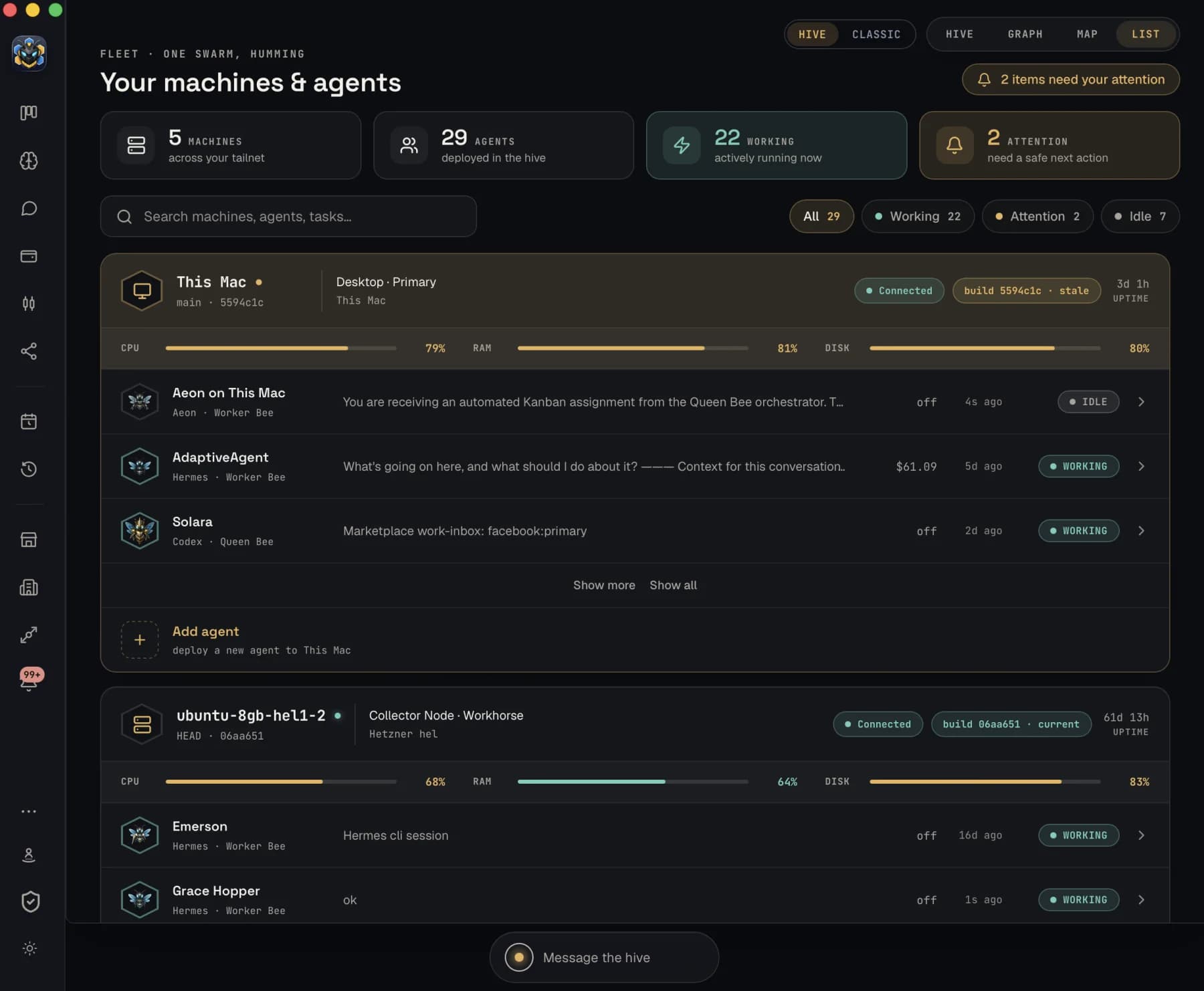 HivemindOS Fleet view showing connected machines and active agents